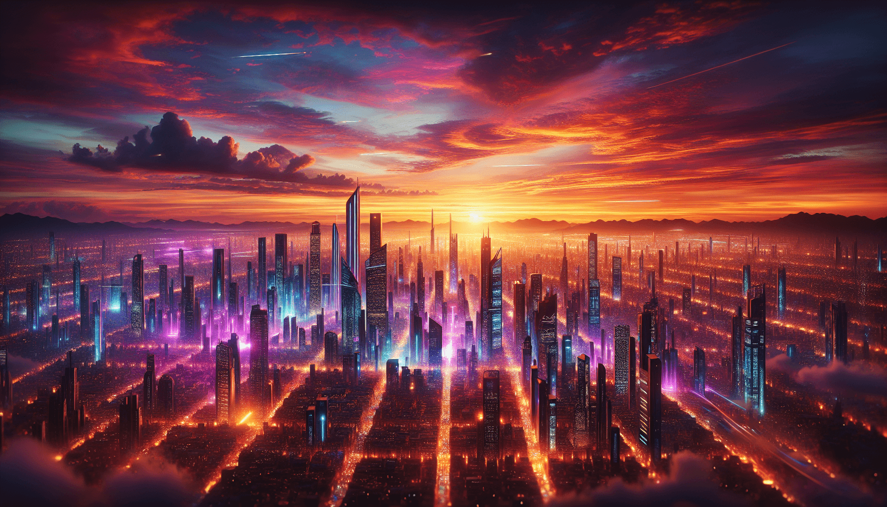 Sunset over futuristic city